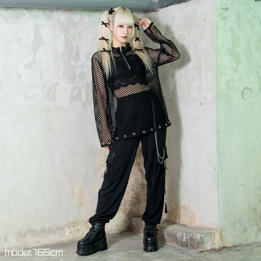 ACDC Rag Black Mesh Top Long Sleeves Harajuku Japanese Fashion